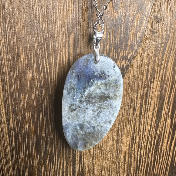 Labradorite Teardrop Pendant Necklace - Long Stainless Steel Chain - Blue Flash - Picture 11 of 13